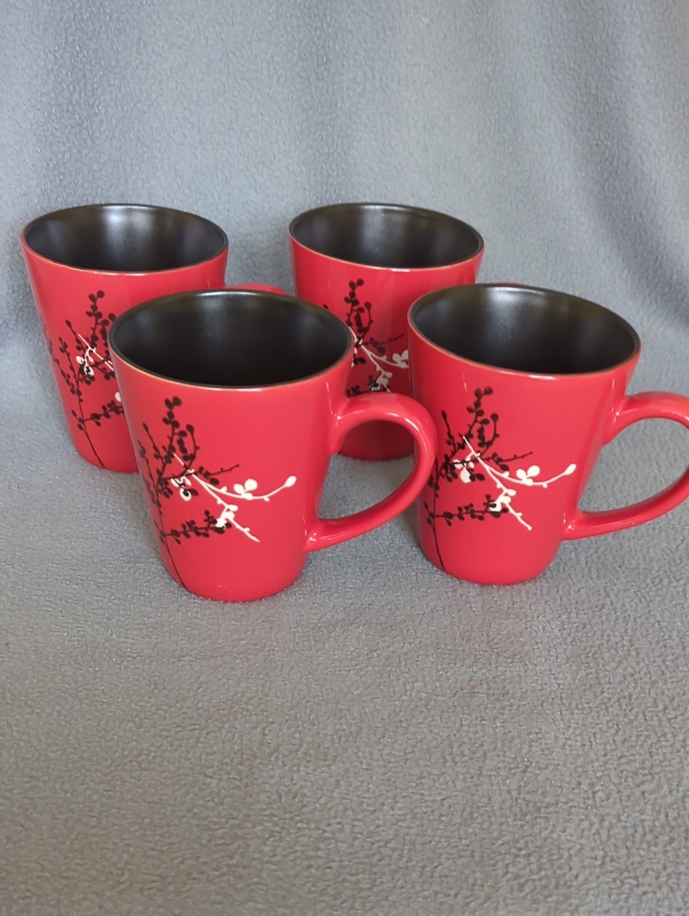 Set Of Asian Inspired Ceramic Coffee Mugs. Set Of 4. Black Interior.